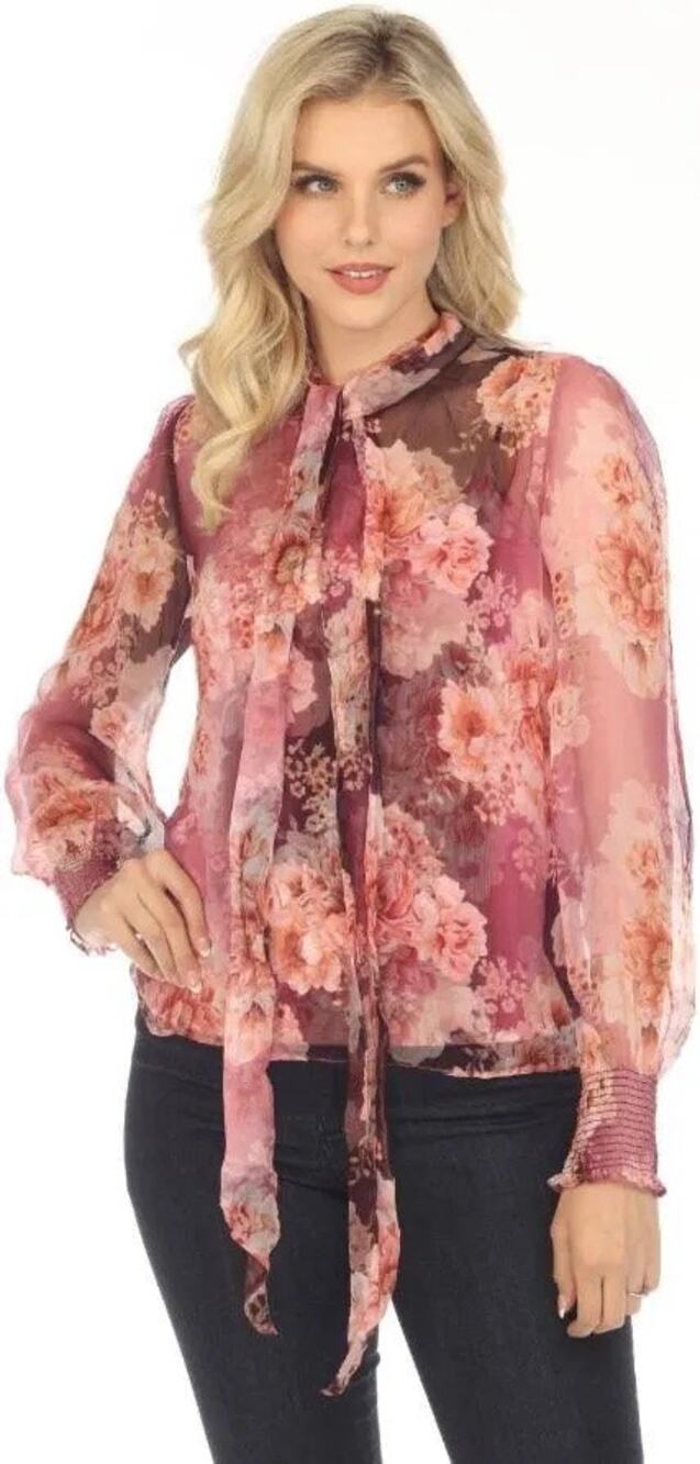 Johnny Was Carina Floral Silk Blouse Boho Tie Neck Top Size XL
